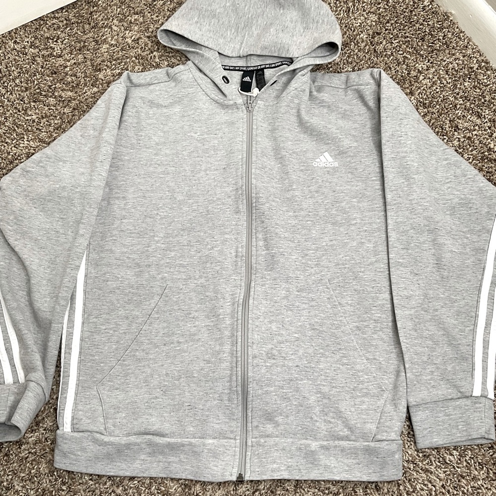 NWOT ADIDAS zip up hoodie,  gray & white, size Large